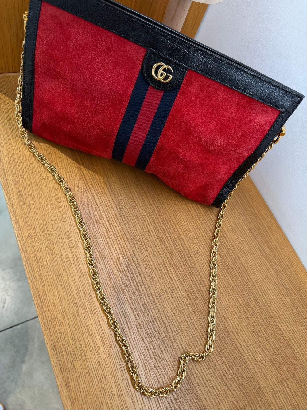 Gucci Red Suede and Black Trim Crossbody with Gold Chain